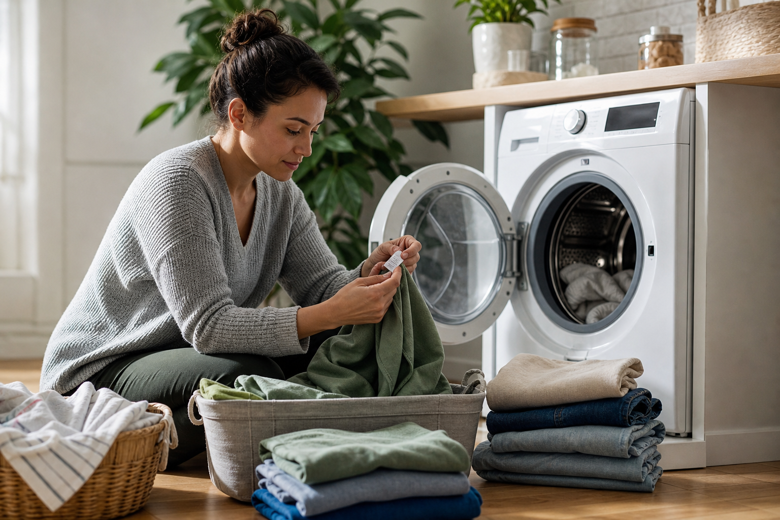 Person checking a clothing care label while sorting laundry beside a washer