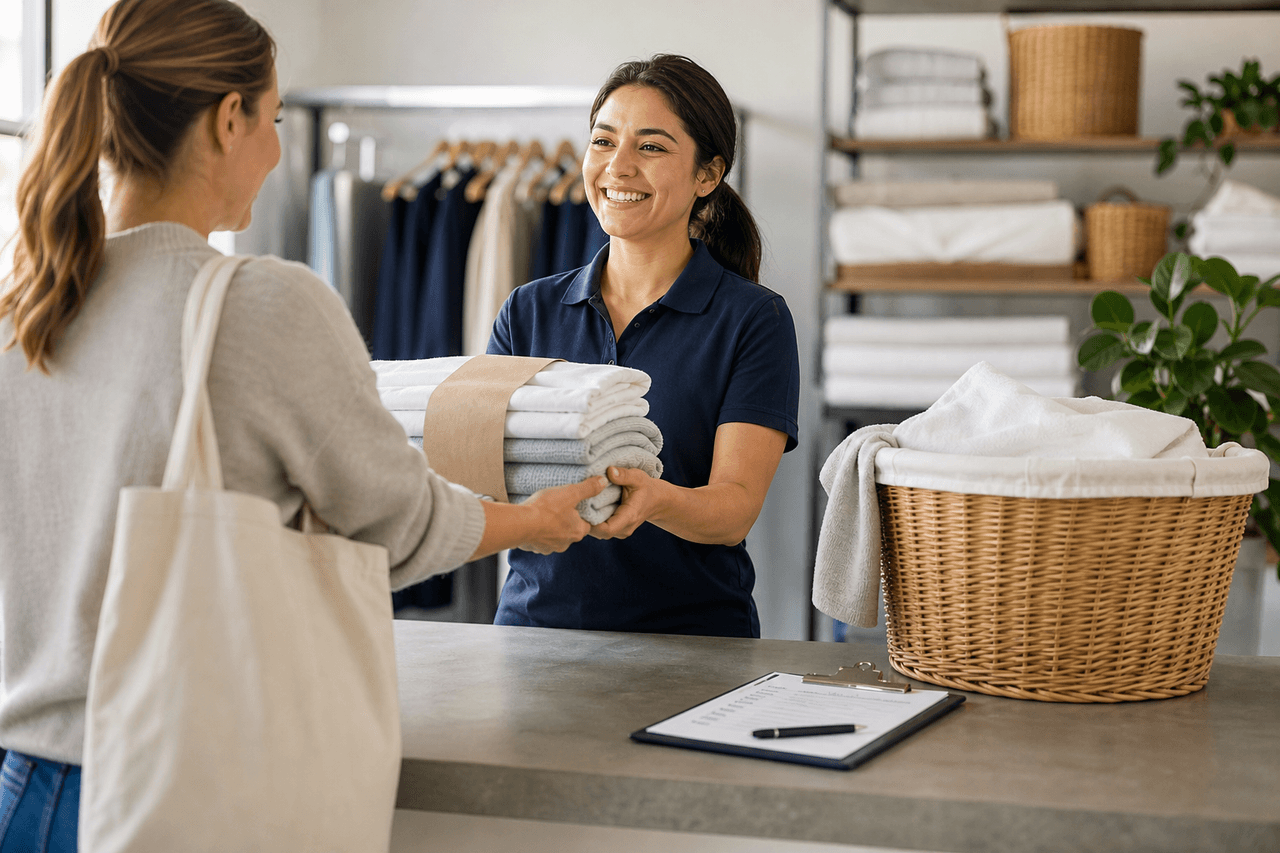 Folded laundry prepared beside a pickup service checklist and reusable basket