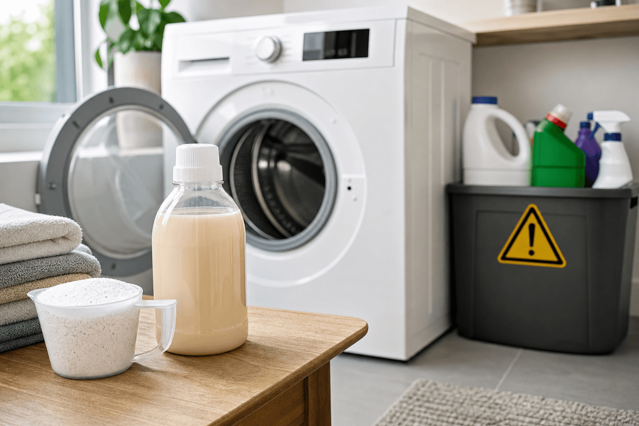 Measured detergent beside a washing machine with hazardous chemicals stored safely away