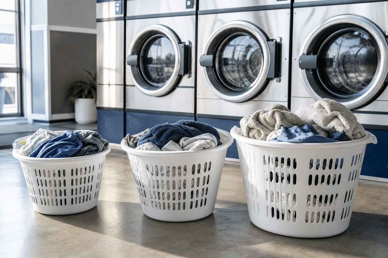 Three labelled laundry baskets showing different load capacities beside commercial washers