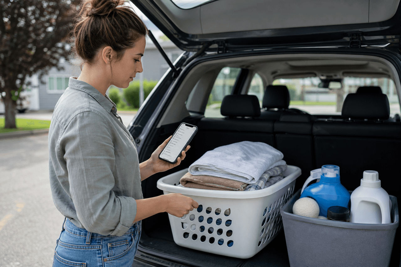 Customer checking a laundry visit checklist beside supplies and folded clothes