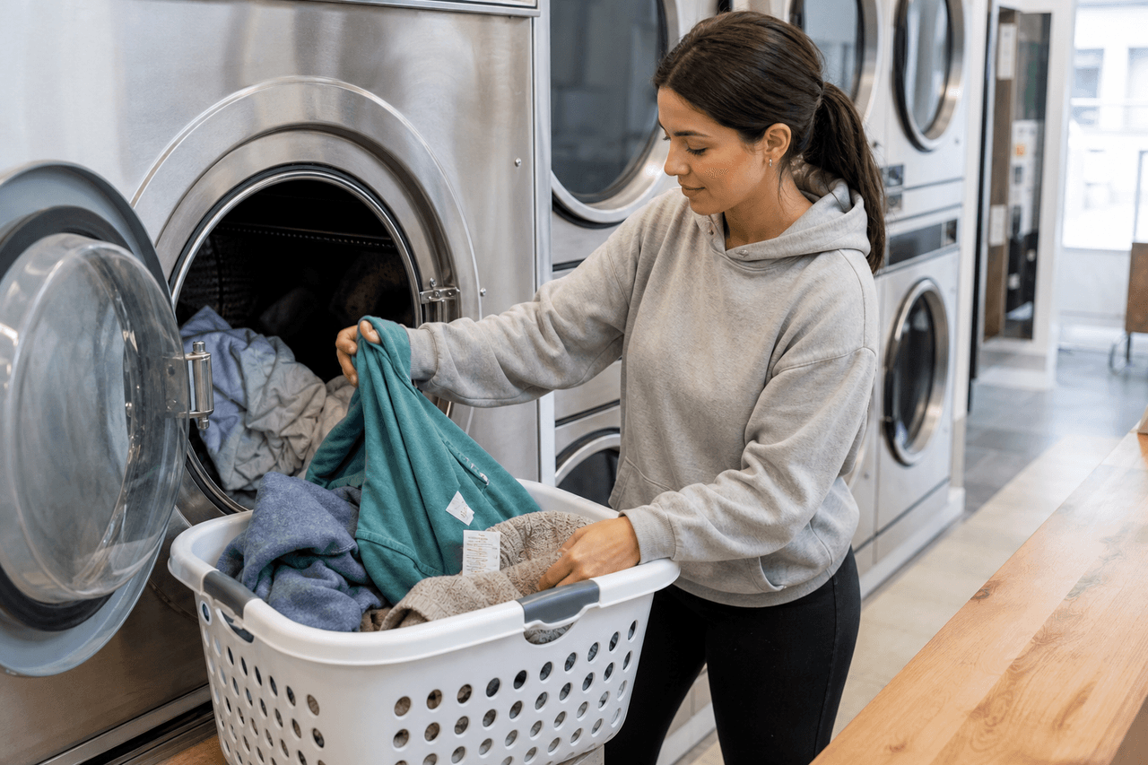 Customer transferring clean laundry from a commercial washer to a basket beside dryers