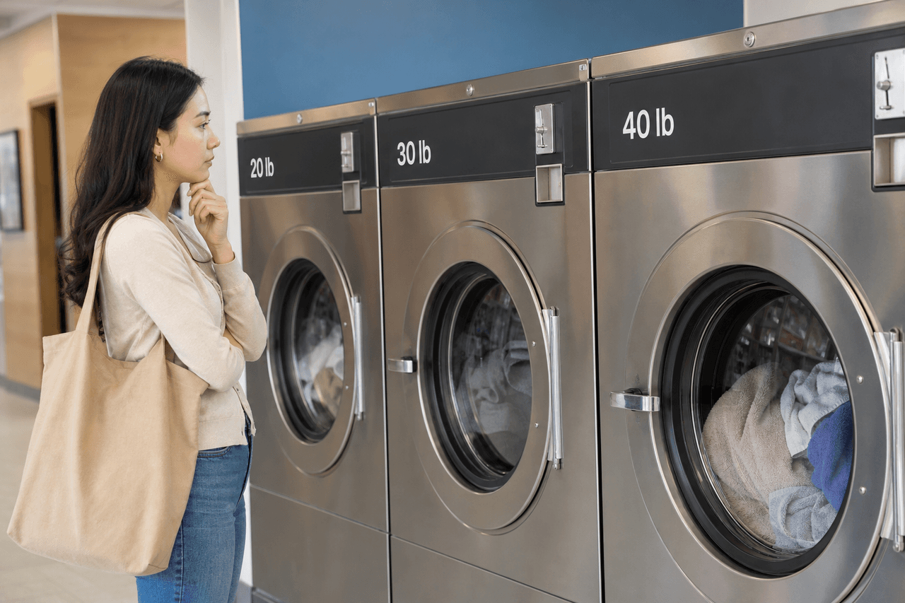 Customer comparing 20 lb, 30 lb, and 40 lb washer capacities and prices
