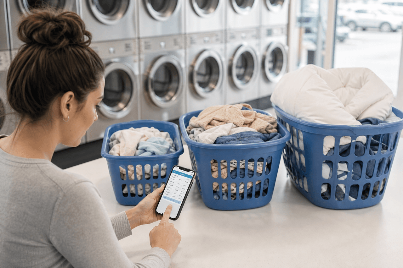 Customer comparing laundry prices beside baskets representing different load sizes
