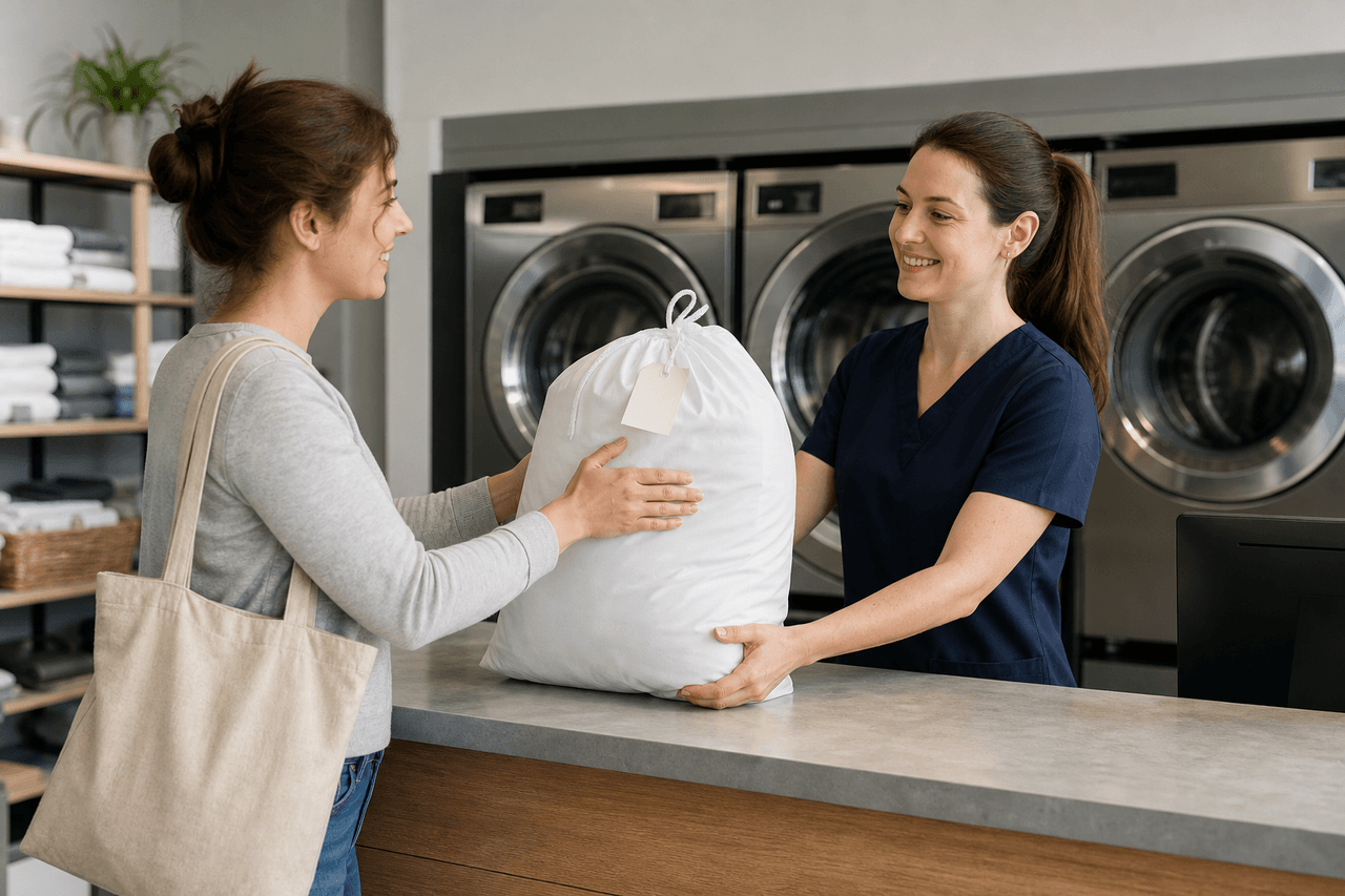 Customer handing a labelled laundry bag to staff for drop-off wash-dry-fold service