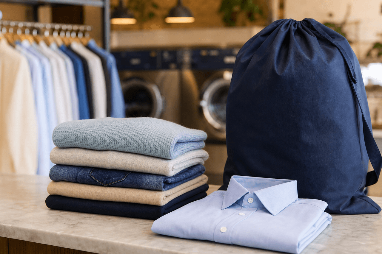 Folded clothing and a pressed shirt prepared for laundry pickup service