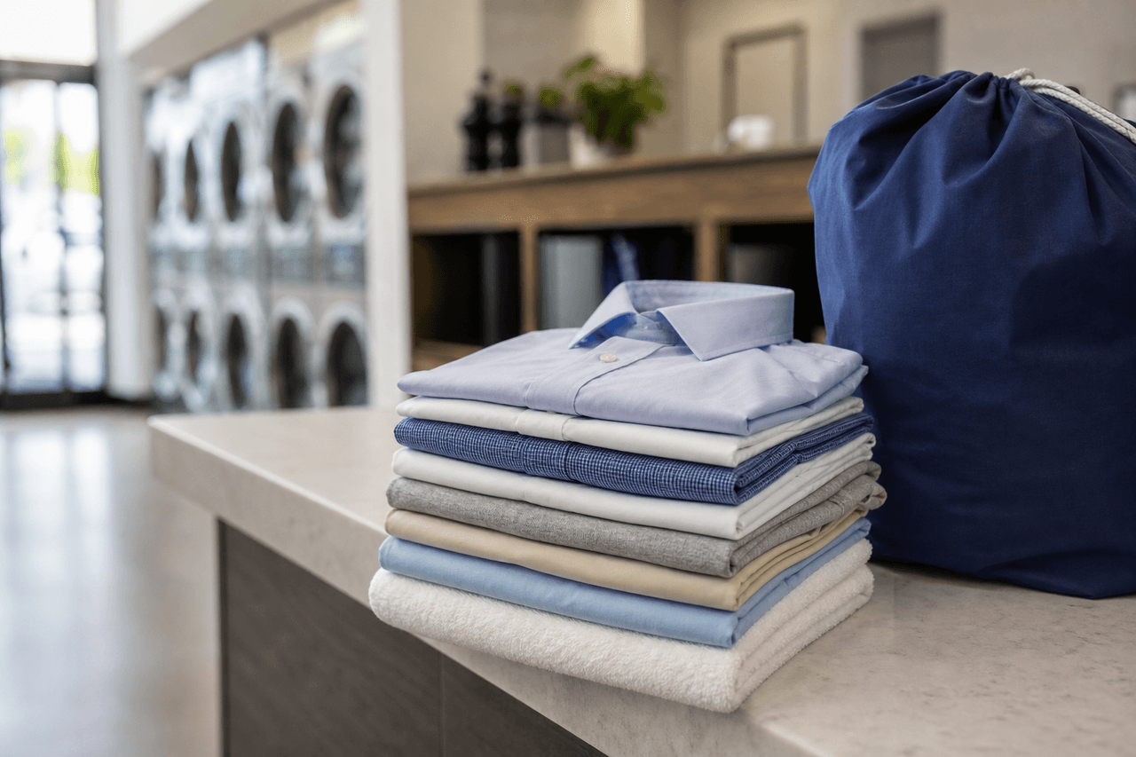 Folded shirts and household laundry arranged beside a drop-off laundry bag