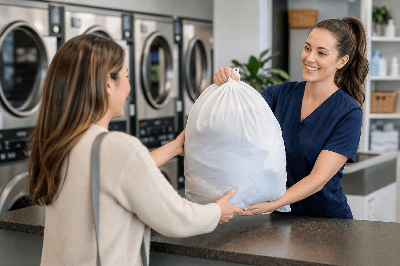 Customer handing a labelled laundry bag to staff at a laundromat service counter