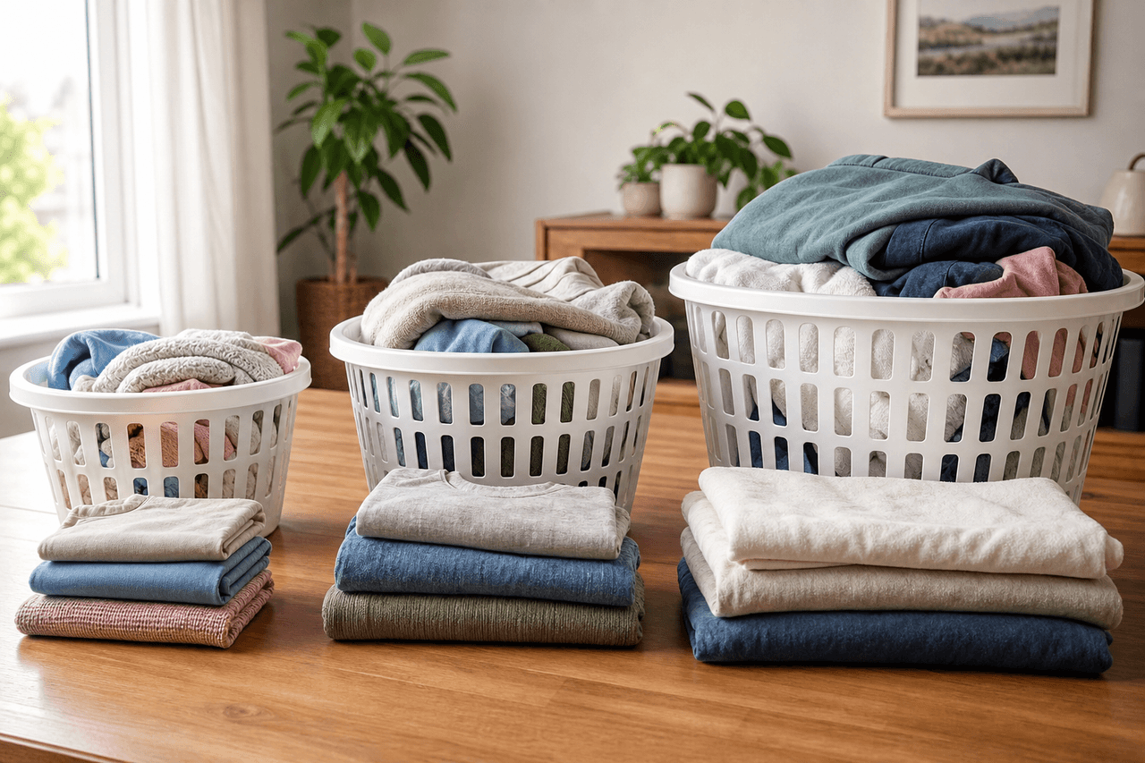 Small, medium, and large laundry baskets beside folded clothing showing load-size choices
