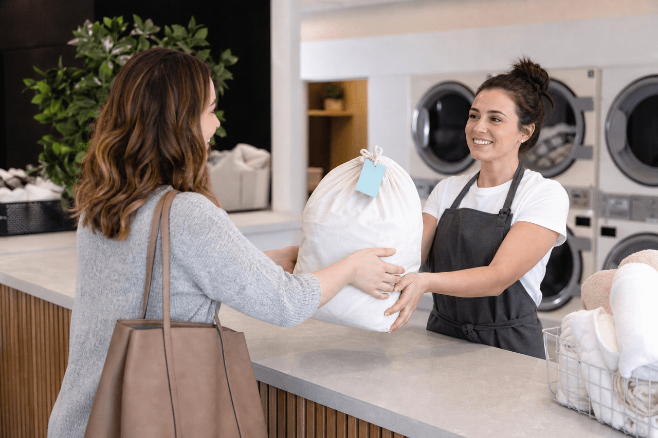 Customer handing a labelled laundry bag to staff at a Beaumont laundromat counter