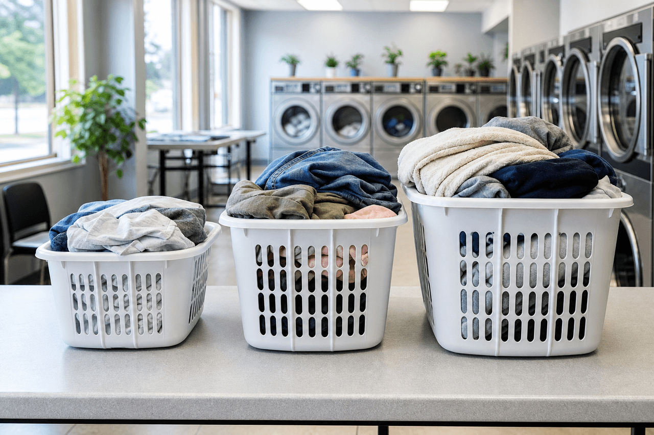 Small, medium, and large laundry loads arranged beside a folding table