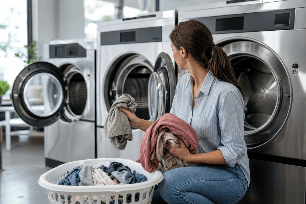 Customer comparing laundry load sizes beside commercial washing machines