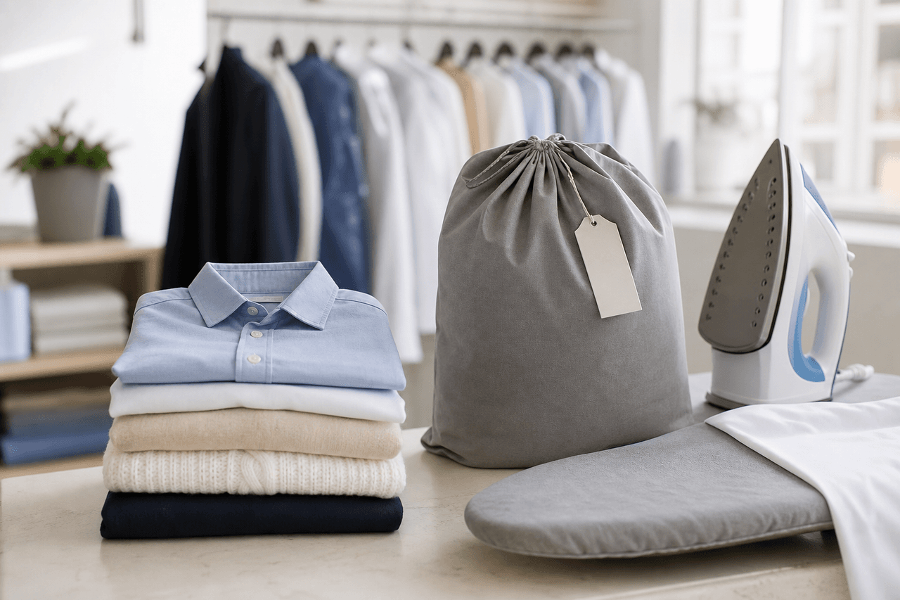 Folded clothing beside an ironing board and labelled laundry bag