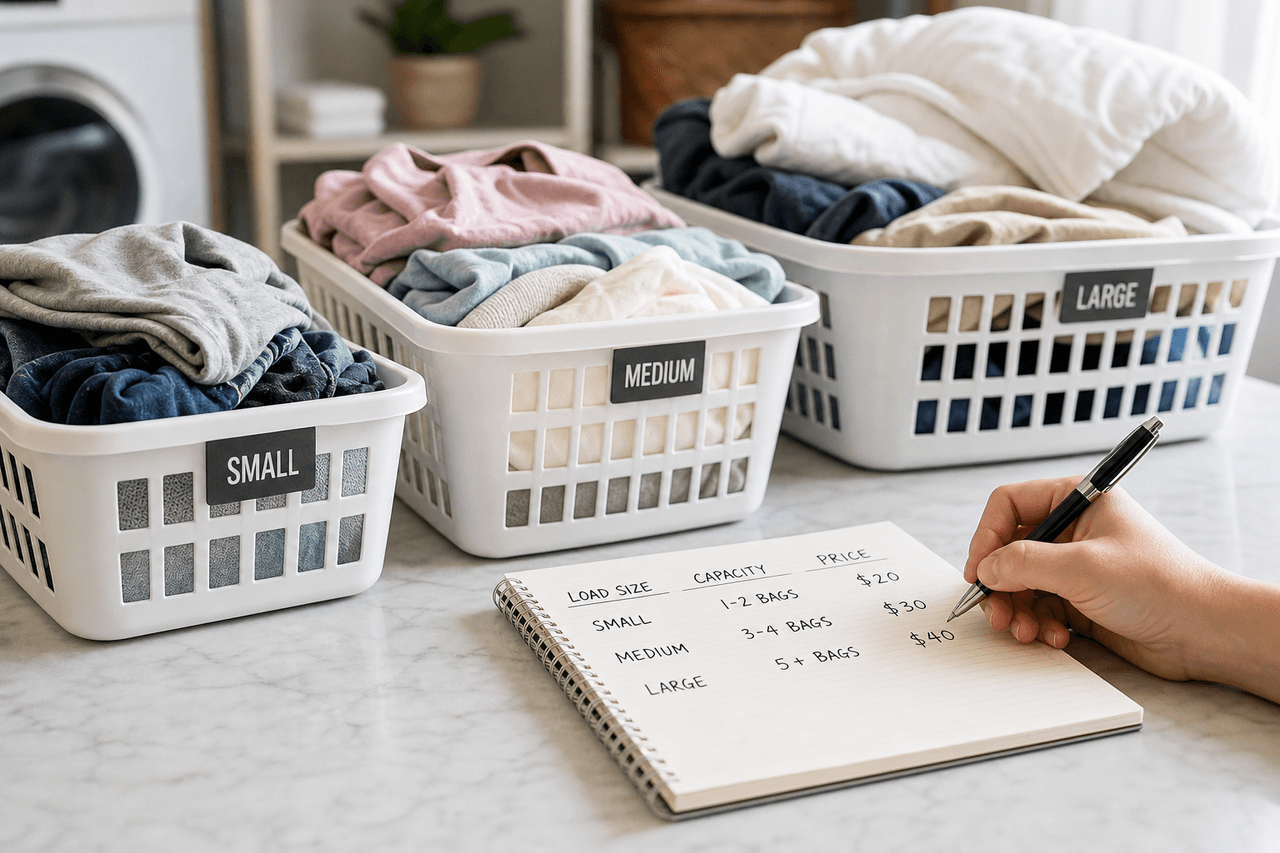 Laundry loads arranged by capacity beside a pricing checklist