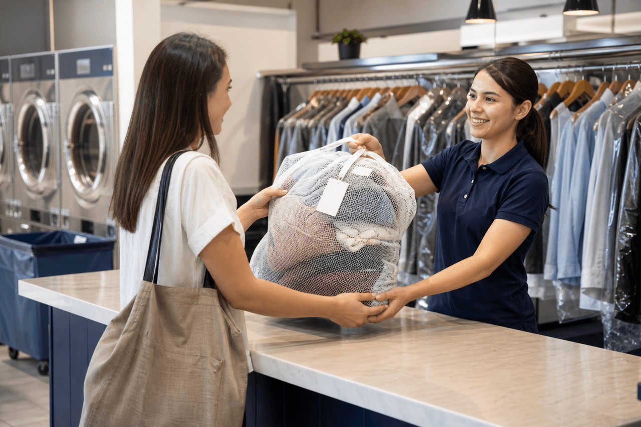 Customer handing a labelled laundry bag to staff for drop-off service