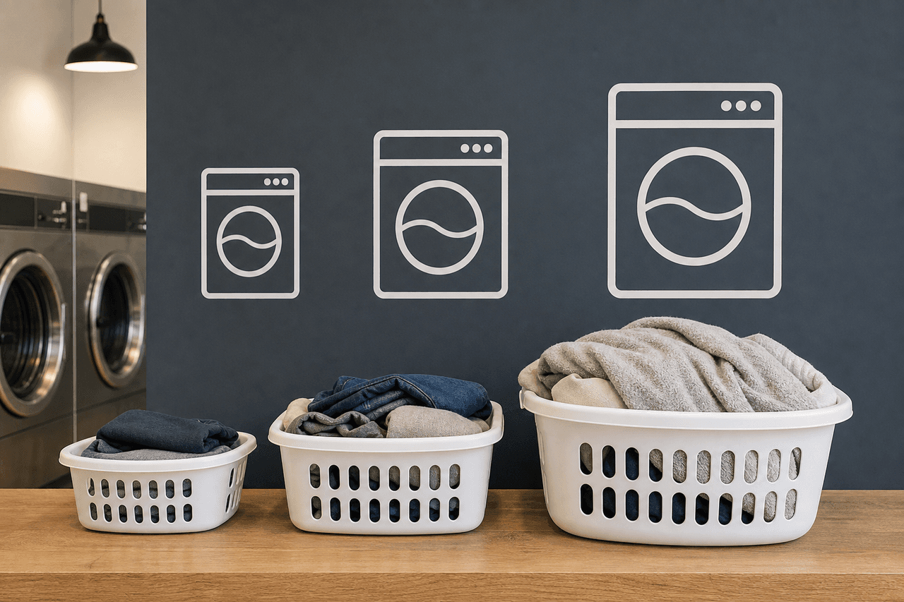 Laundry baskets arranged by washer capacity for choosing a suitable load size