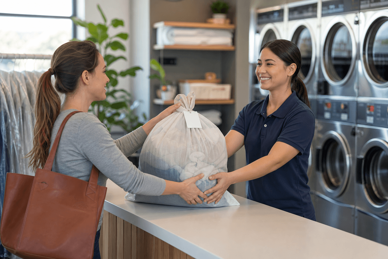Customer handing a labelled laundry bag to staff for drop-off service