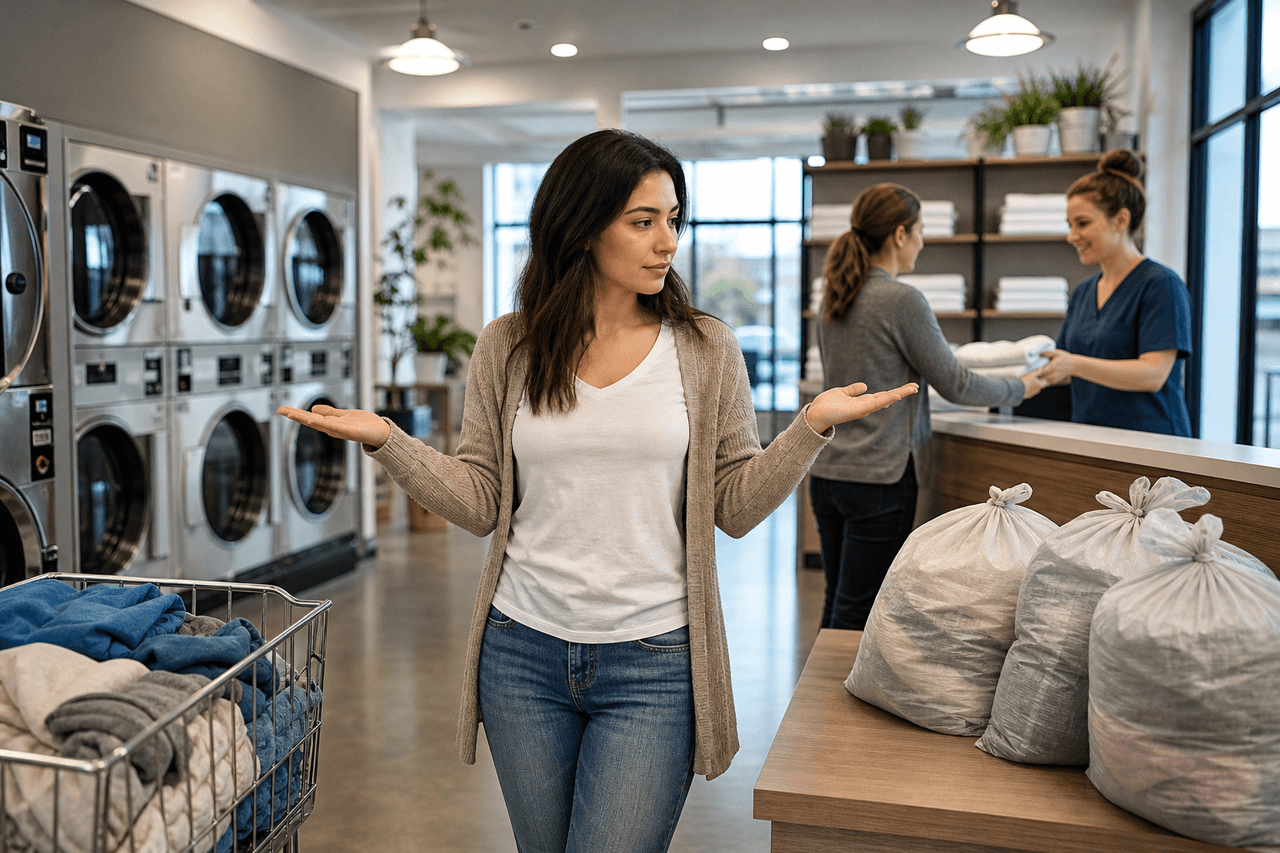 Customer comparing self-service machines, drop-off counter, and pickup laundry bags
