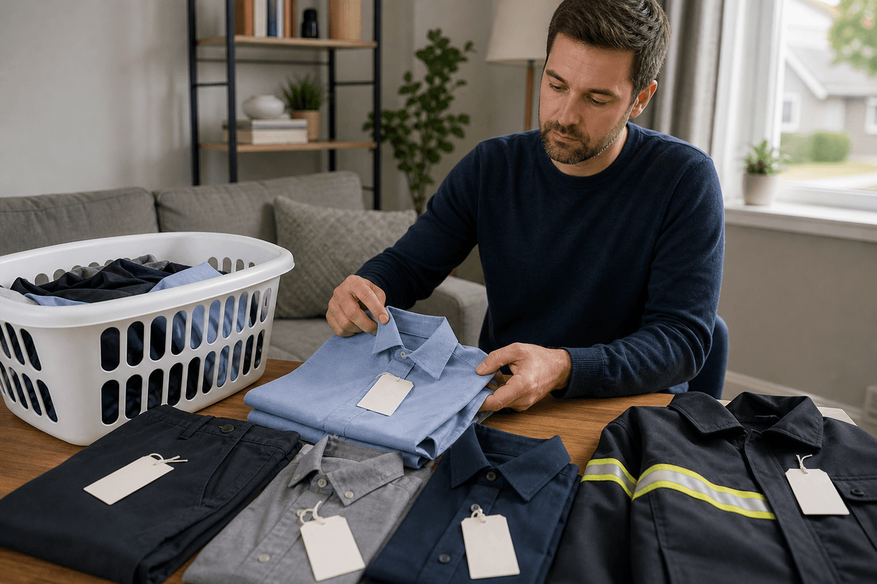 Customer sorting work shirts, trousers, and a uniform jacket before laundry service