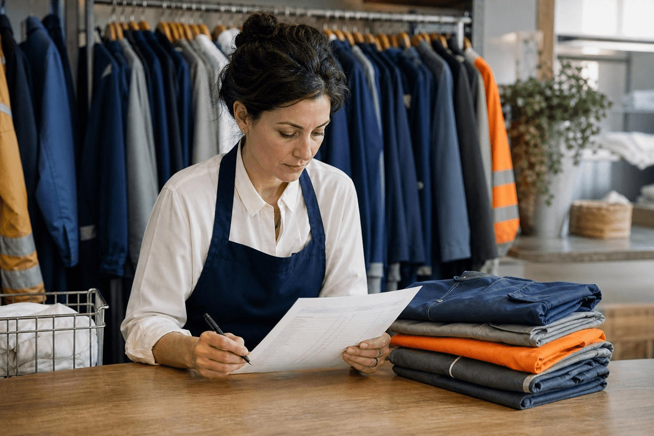 Business owner reviewing a uniform cleaning checklist beside folded workwear